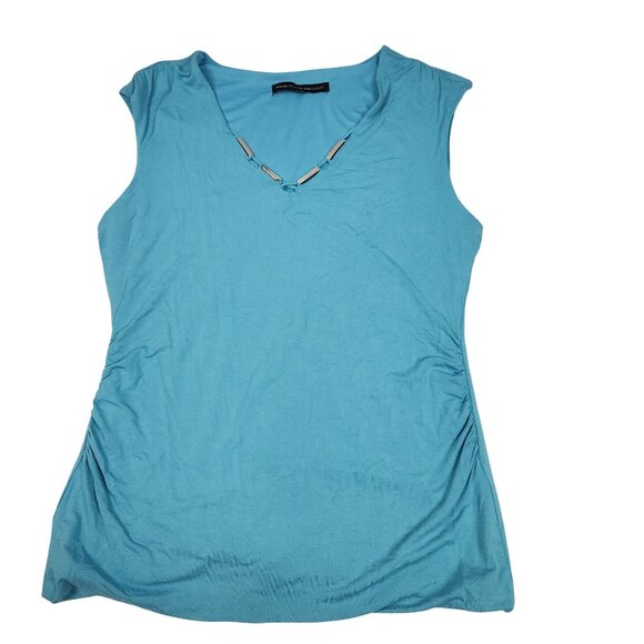 White House Black Market Sleeveless Blue Womens M Top V-Neck w/ Metal Trim - Picture 8 of 10